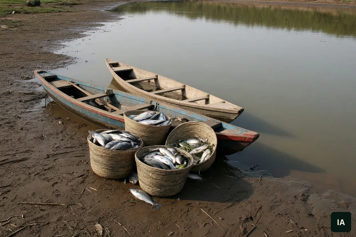 Two wooden boats and baskets of fish on the bank of the Epe lagoon.