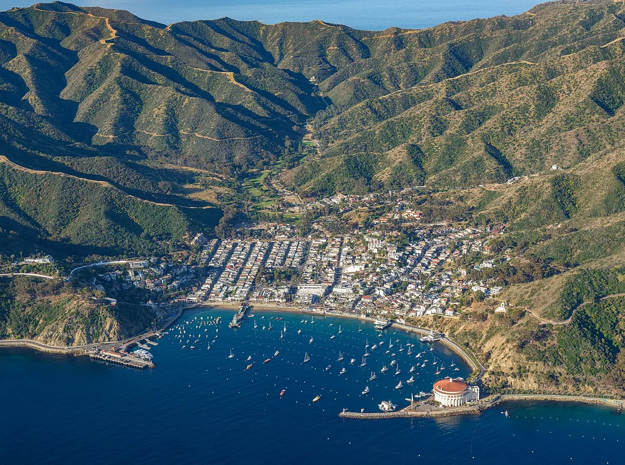 Vista aérea de Avalon, na Ilha de Santa Catalina, com a cidade junto à baía cheia de veleiros, o cassino redondo à direita e encostas de mata seca atrás.