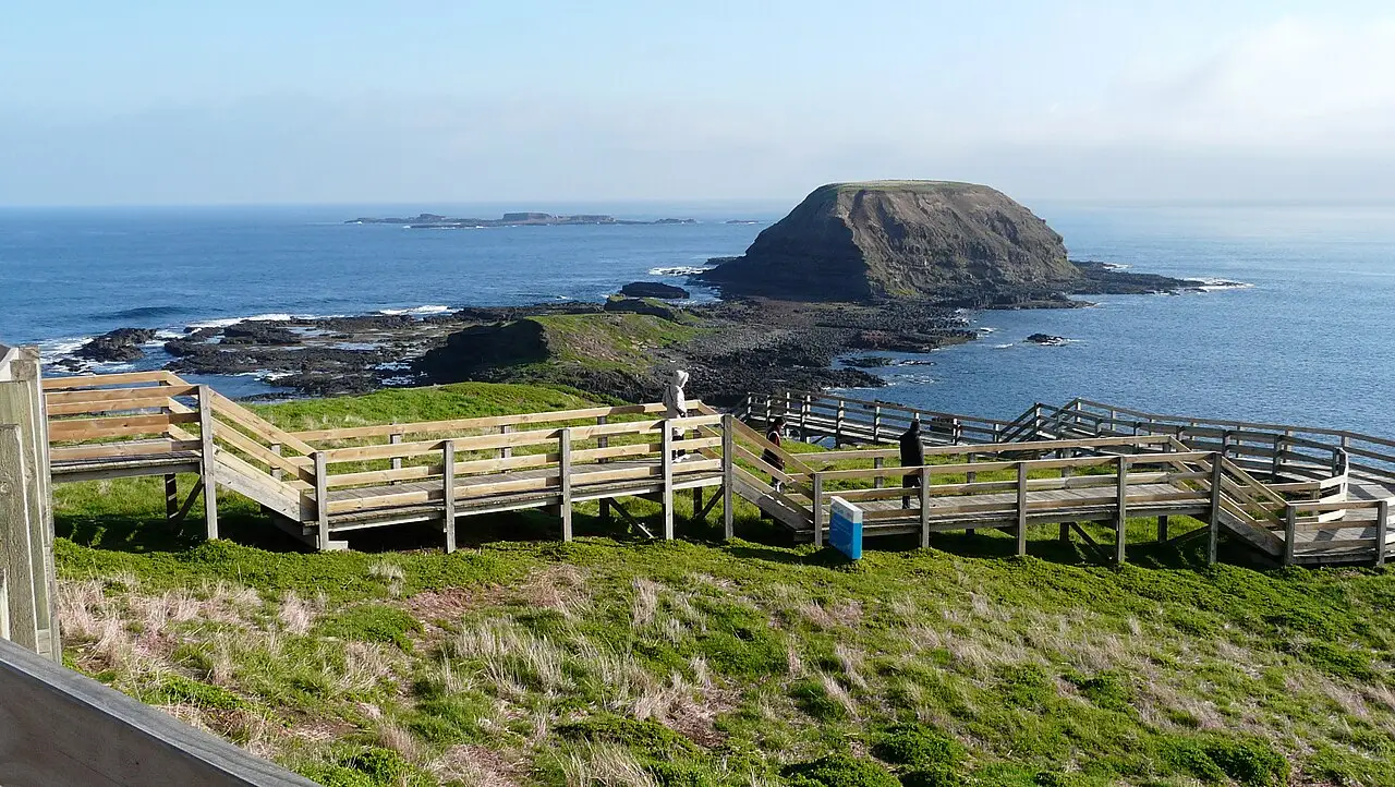 A wooden boardwalk on the grass and a rocky islet in the sea.