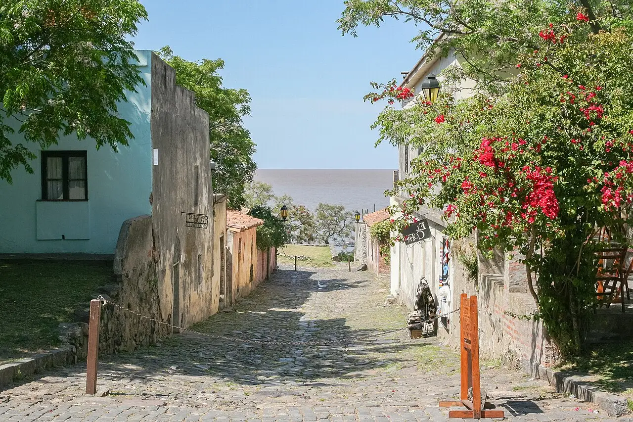 Rua de paralelepípedos em declive que termina no rio, entre casas antigas e uma buganvília florida, num dia de céu azul em Colonia del Sacramento.
