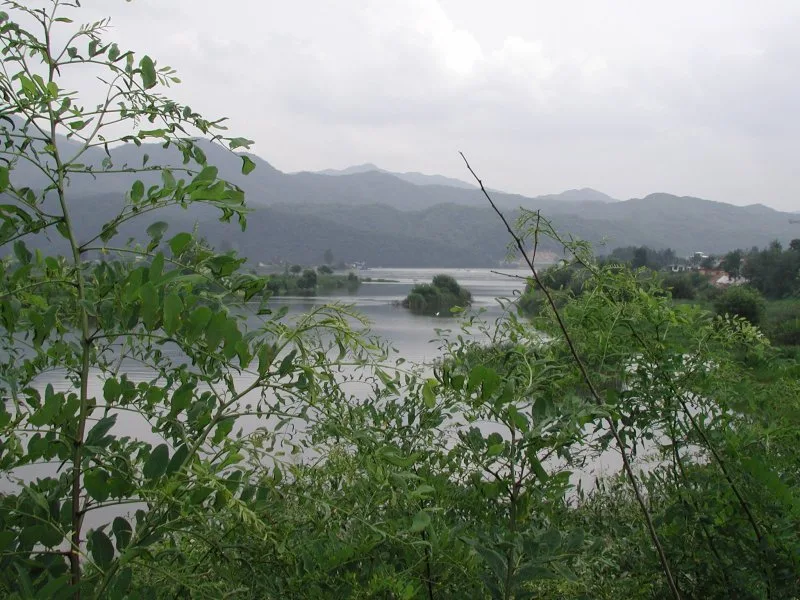 O rio entre morros, com vegetação na margem.