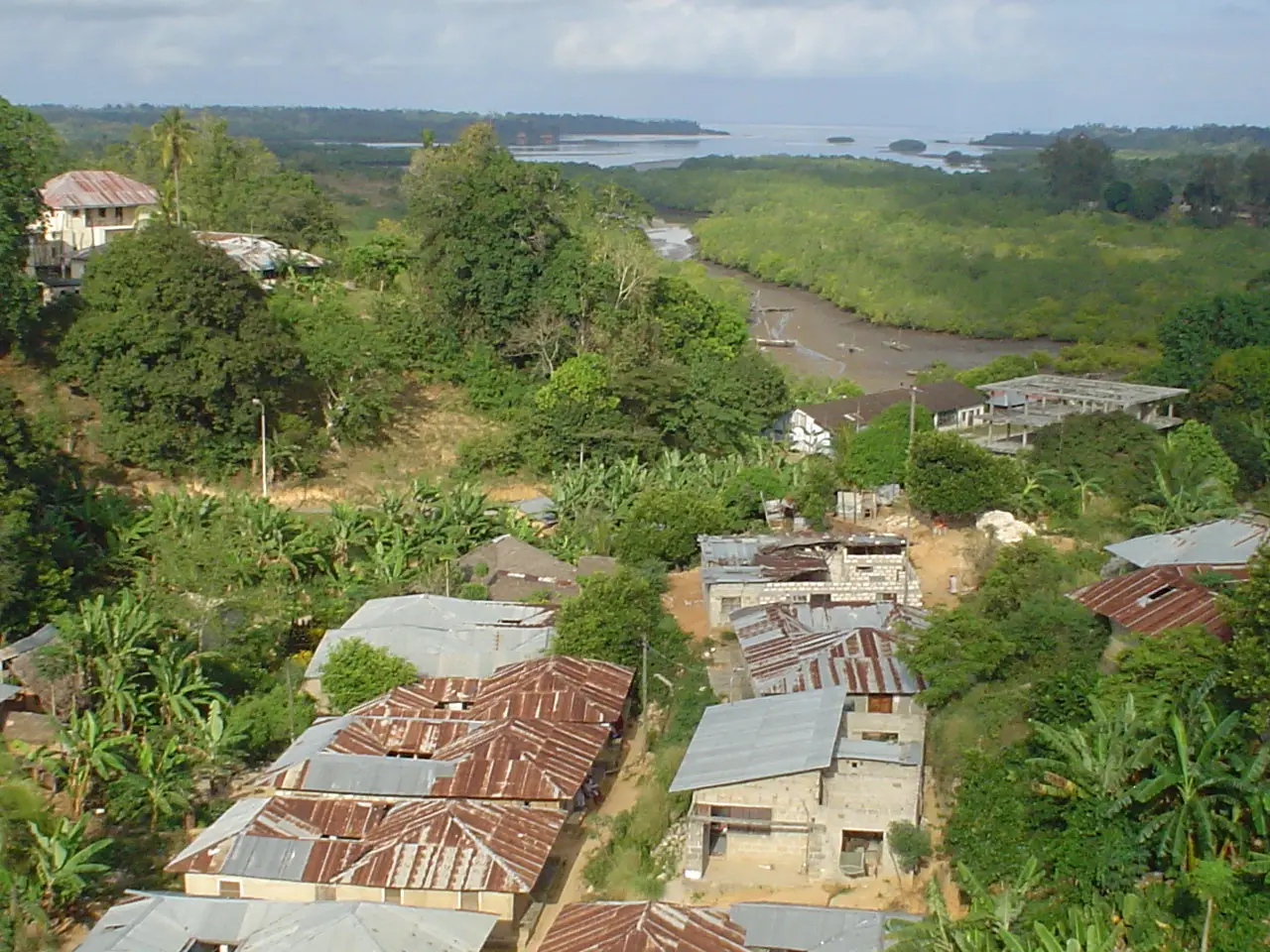 Vista de cima de Chake Chake, com casas de telhado de zinco entre bananeiras, um braço de mangue com maré baixa e o mar ao fundo, na ilha de Pemba.