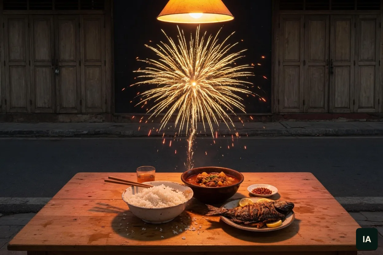 Bols de riz, de ragoût et de poisson grillé sur une table en bois, avec un feu d’artifice doré au-dessus d’une rue vide.