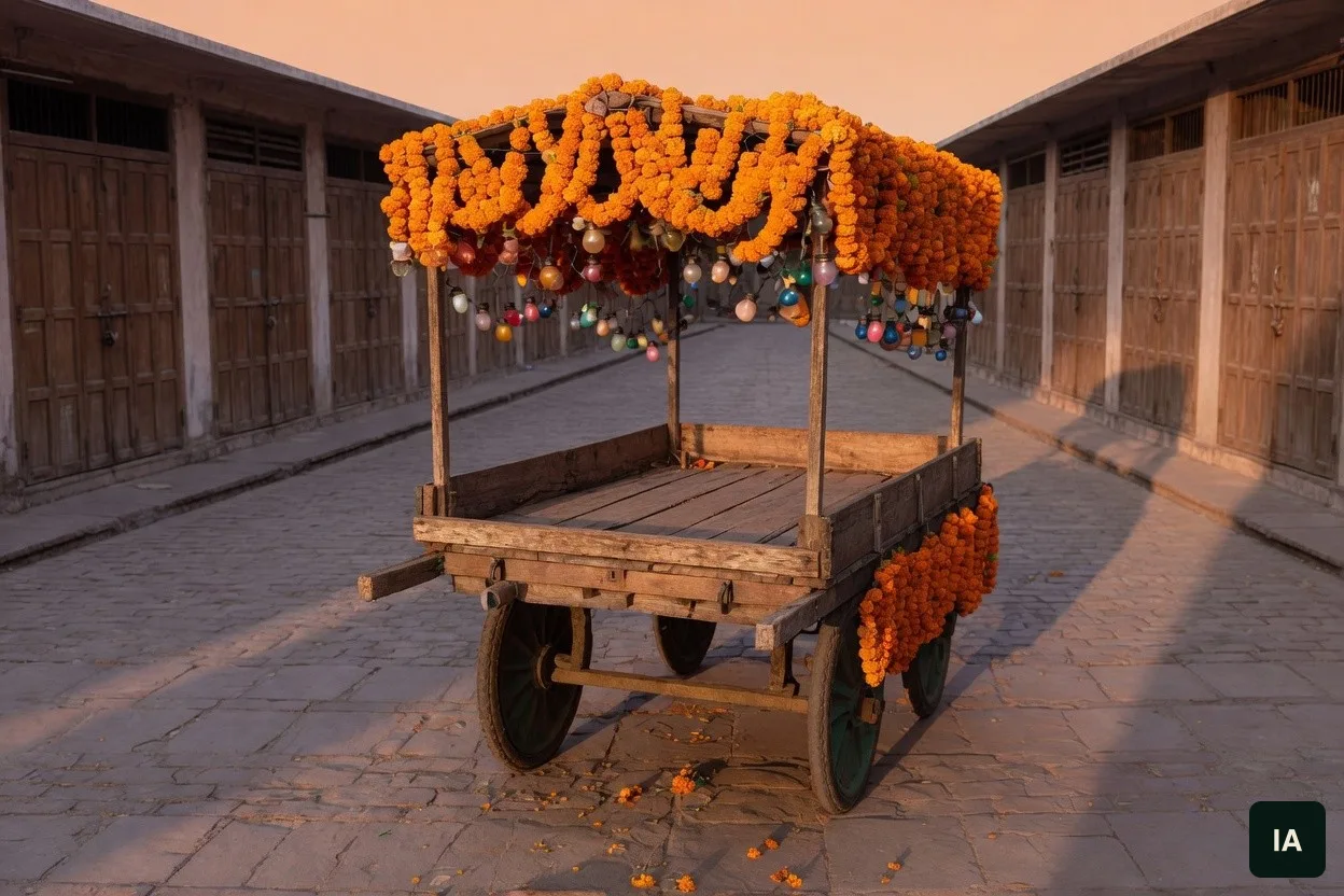 Carro de madeira com guirlandas de calêndula e lâmpadas de vidro, numa rua vazia de portas de madeira.