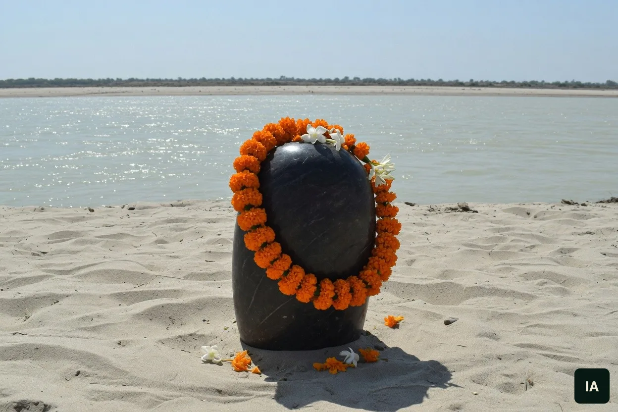 Lingam de pedra escura com uma guirlanda de calêndulas laranjas, na areia de uma margem de rio, de dia.