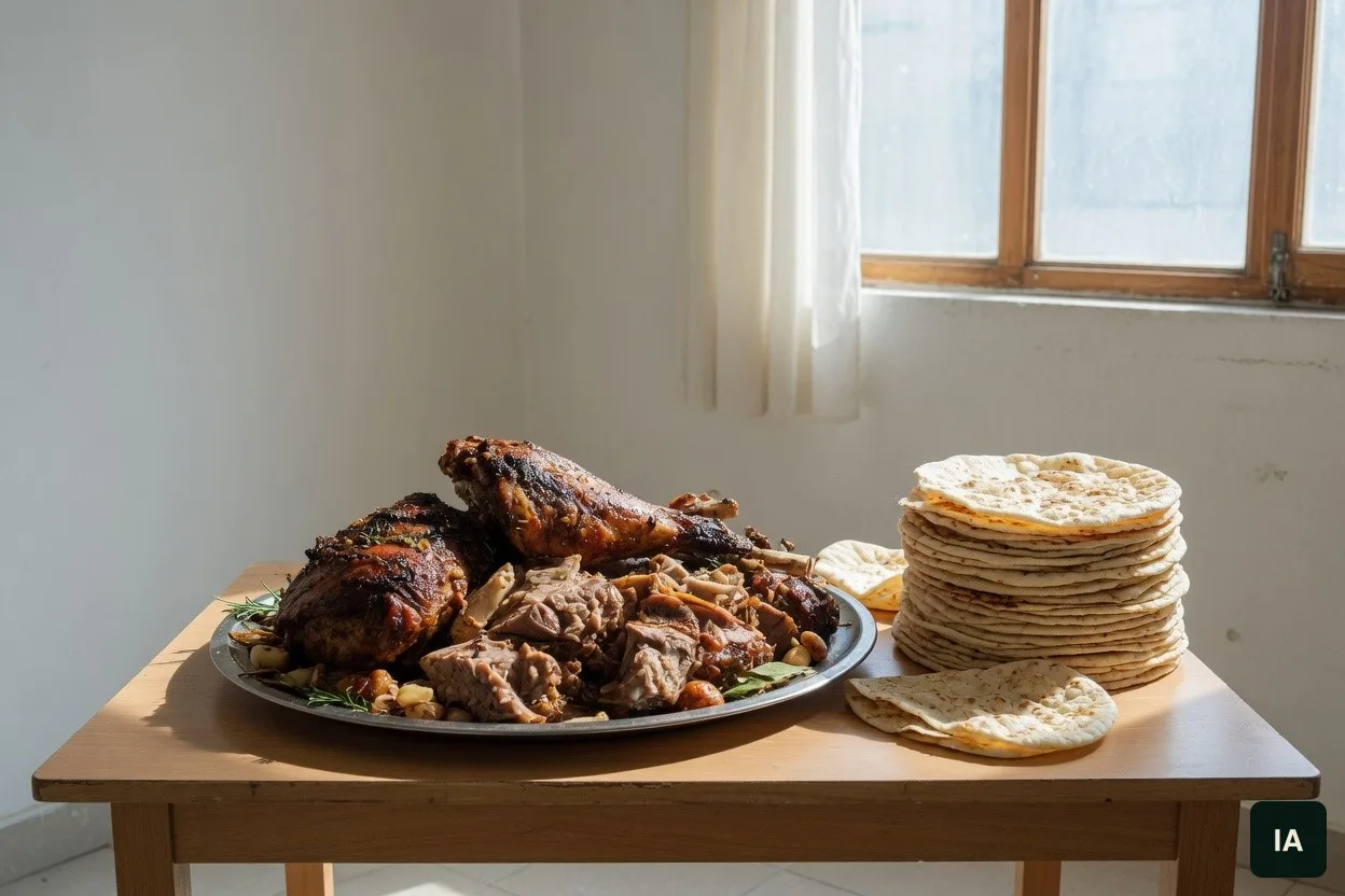 Travessa de carne assada e uma pilha de pães achatados sobre uma mesa de madeira, numa sala clara e vazia.