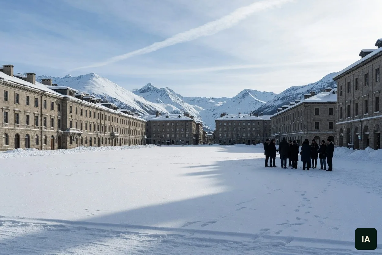 Praça larga coberta de neve, com montanhas ao fundo e um grupo pequeno à direita.