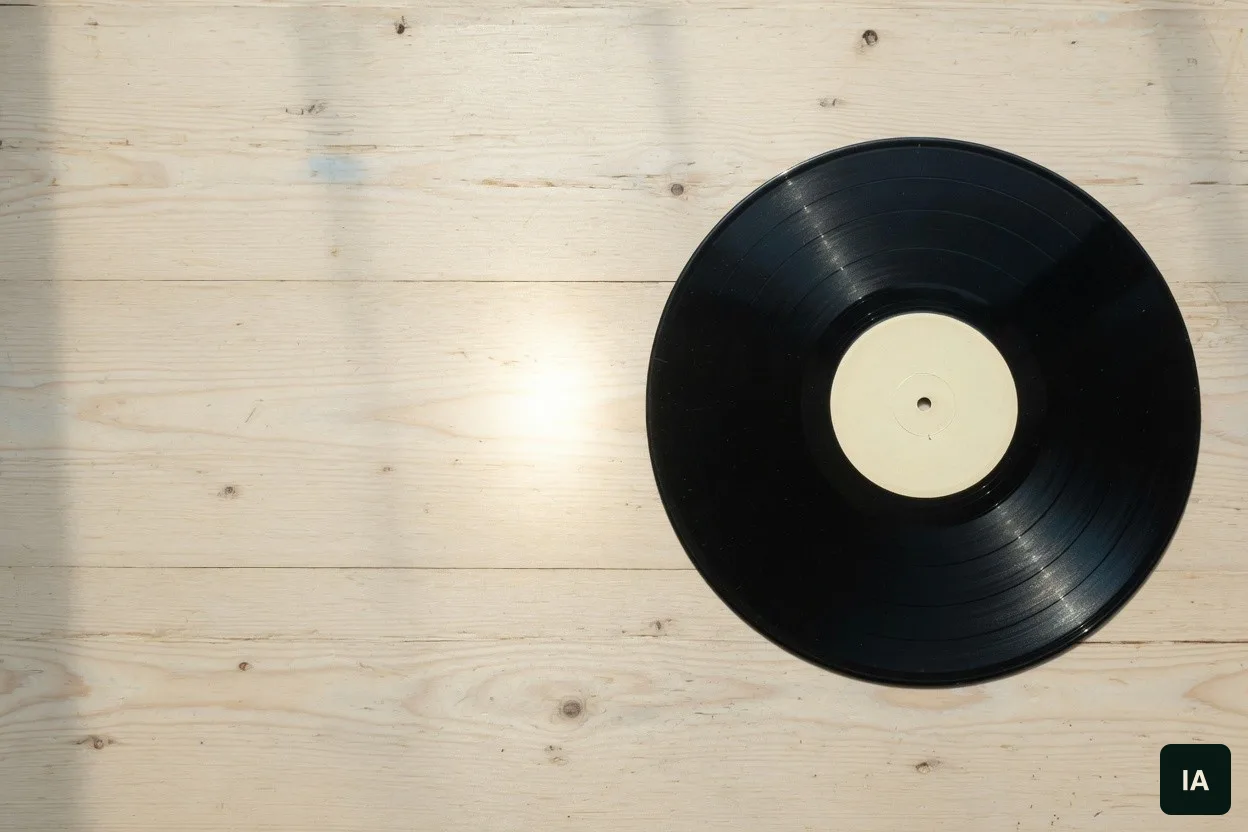 Disco de vinil preto, com o centro em branco, sobre uma mesa de madeira clara, ao sol.