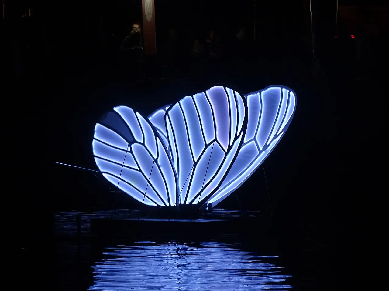 Escultura de luz em forma de asas brancas iluminadas refletida na água à noite, no Amsterdam Light Festival 2020.