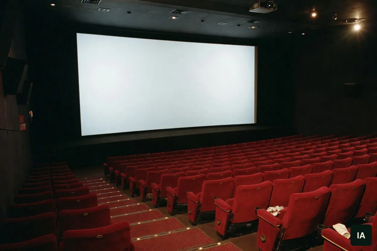 Sala vazia, com a tela em branco e fileiras de poltronas vermelhas.