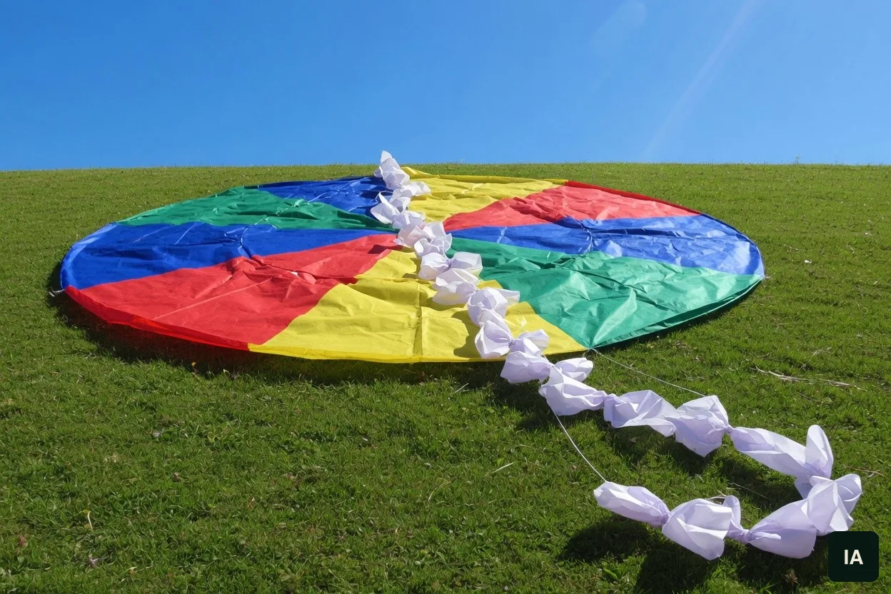 Pipa redonda e enorme, de painéis lisos em vermelho, amarelo, azul e verde, com uma cauda de laços de papel, sobre a grama.