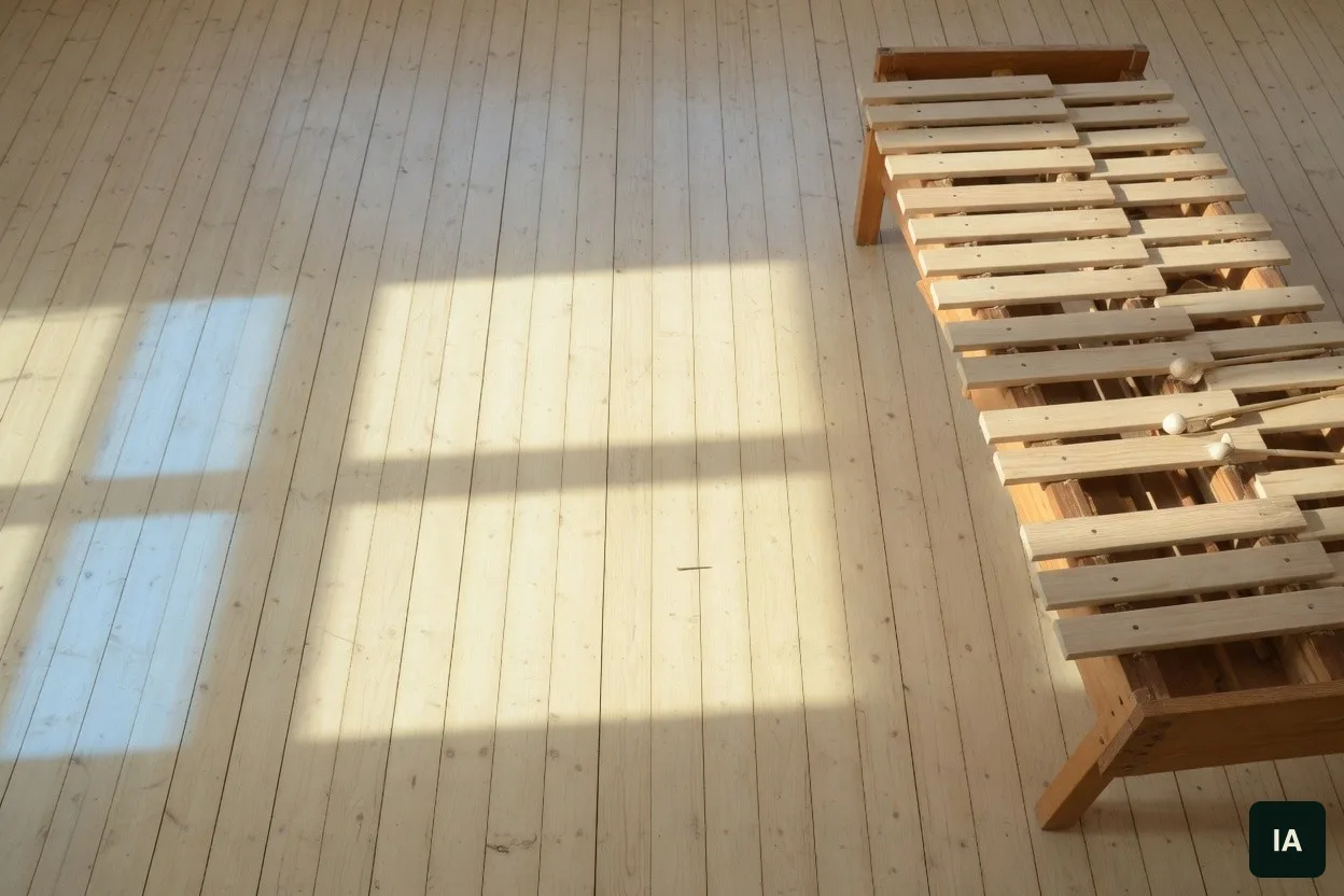 Marimba de madeira sobre um piso claro, ao sol.