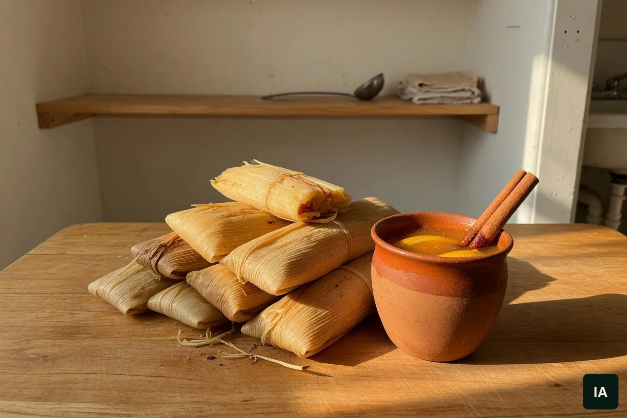 Pilha de tamales em folha de milho e uma caneca de barro com ponche e canela, sobre uma mesa de madeira.