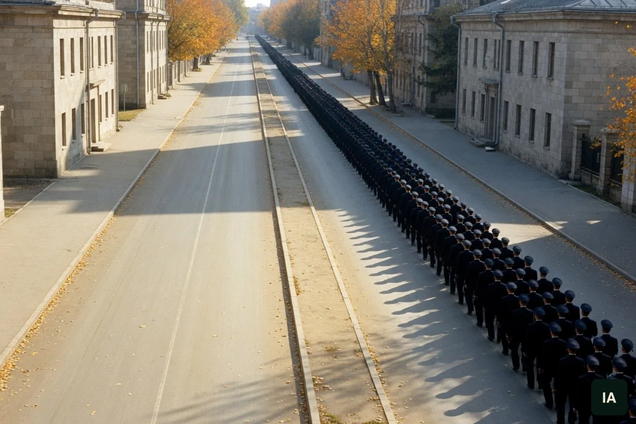 Coluna longa de uniforme, de costas, numa avenida no outono.