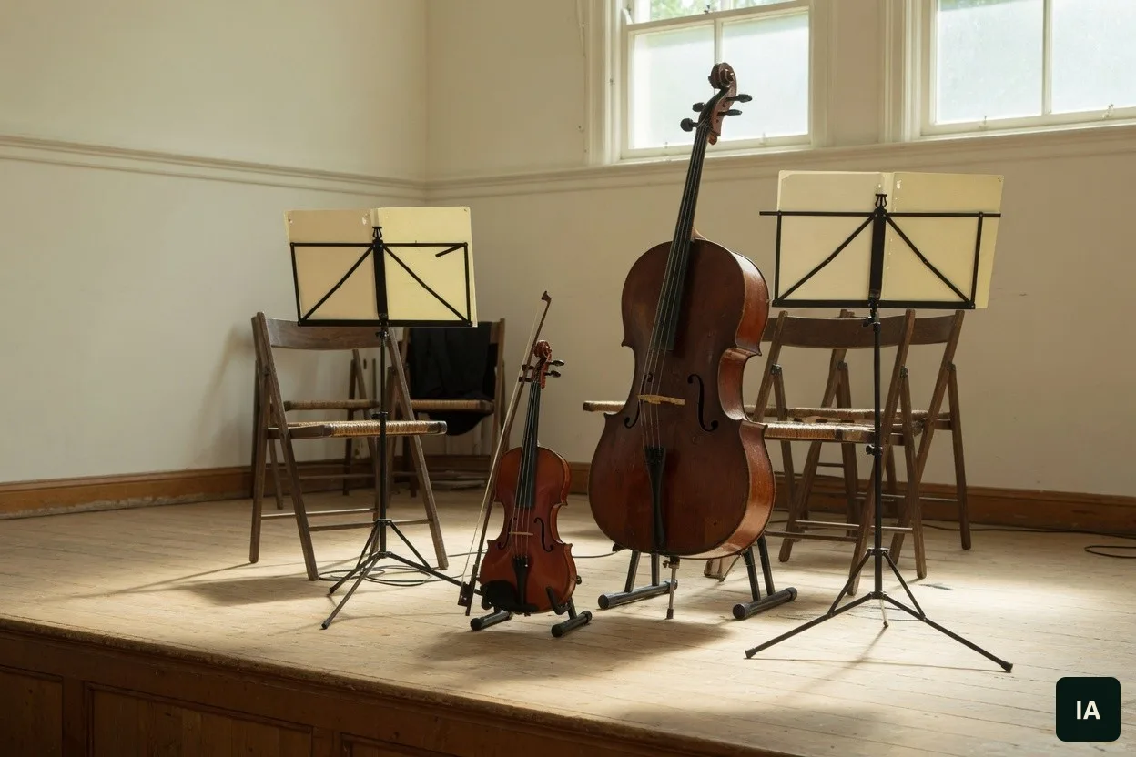 Violino e violoncelo em suportes, com estantes de partitura em branco, num palco de madeira vazio.
