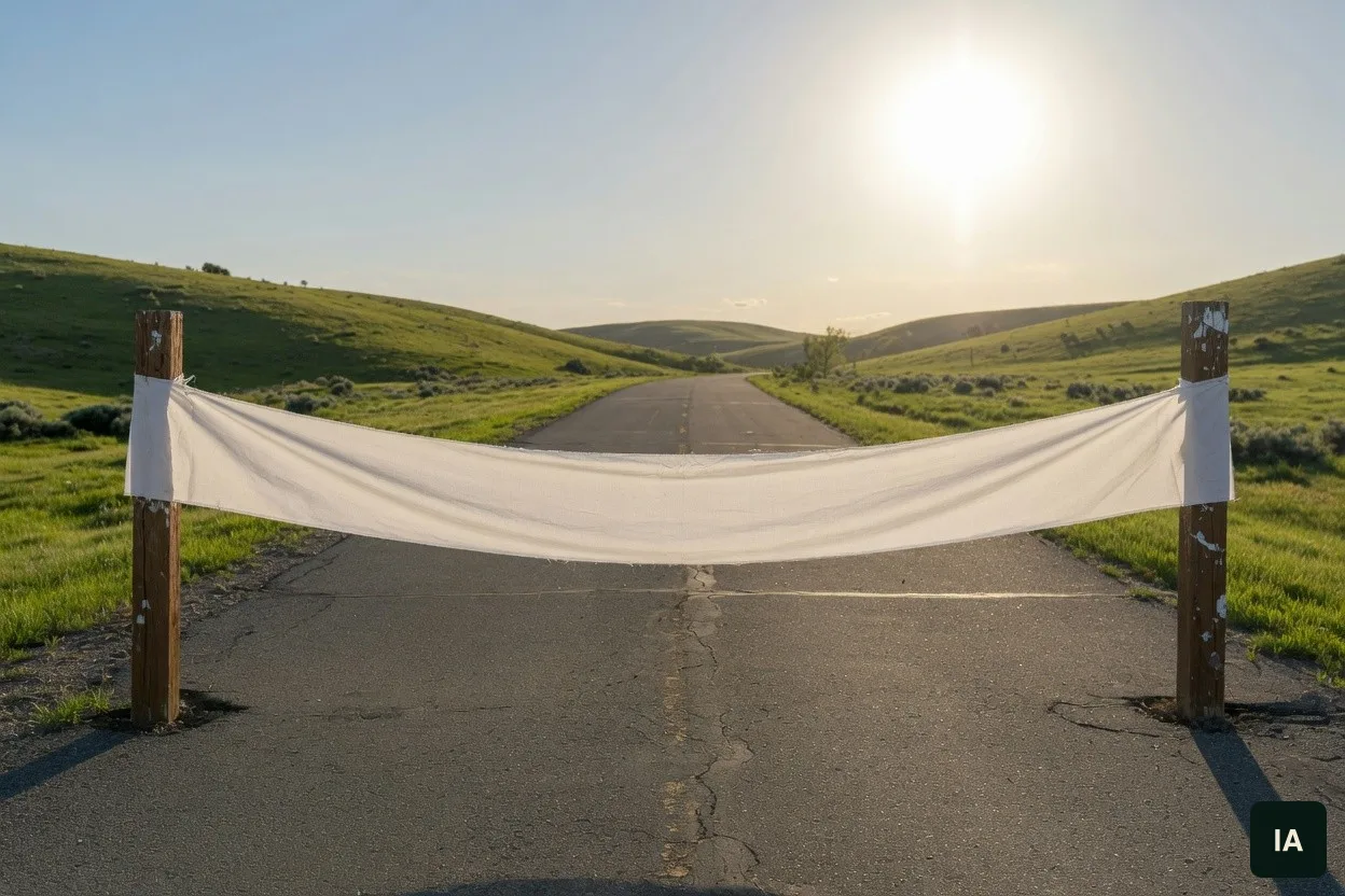 Faixa de pano branco estendida entre dois postes, atravessando uma estrada vazia, com o sol baixo e morros verdes.