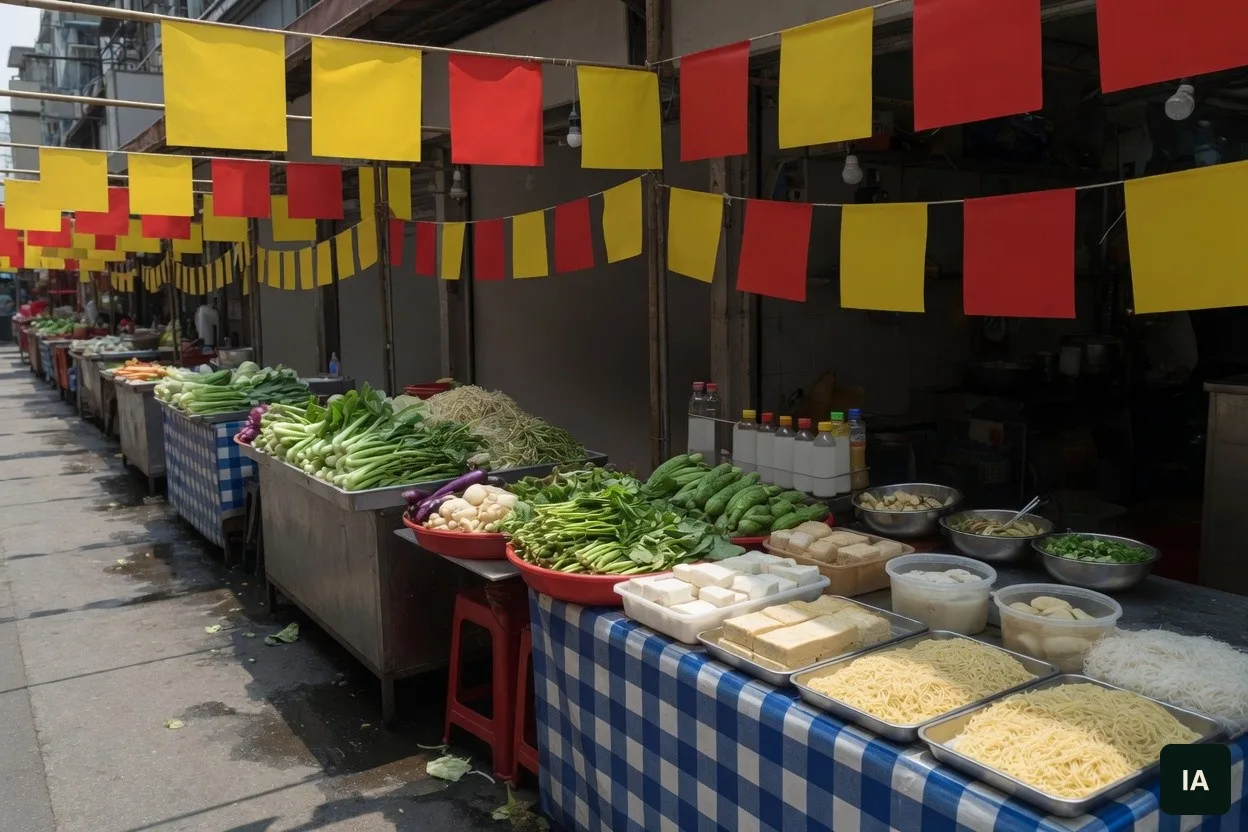 Bancas com verdura, tofu e macarrão sob bandeiras amarelas e vermelhas, sem gente na rua.