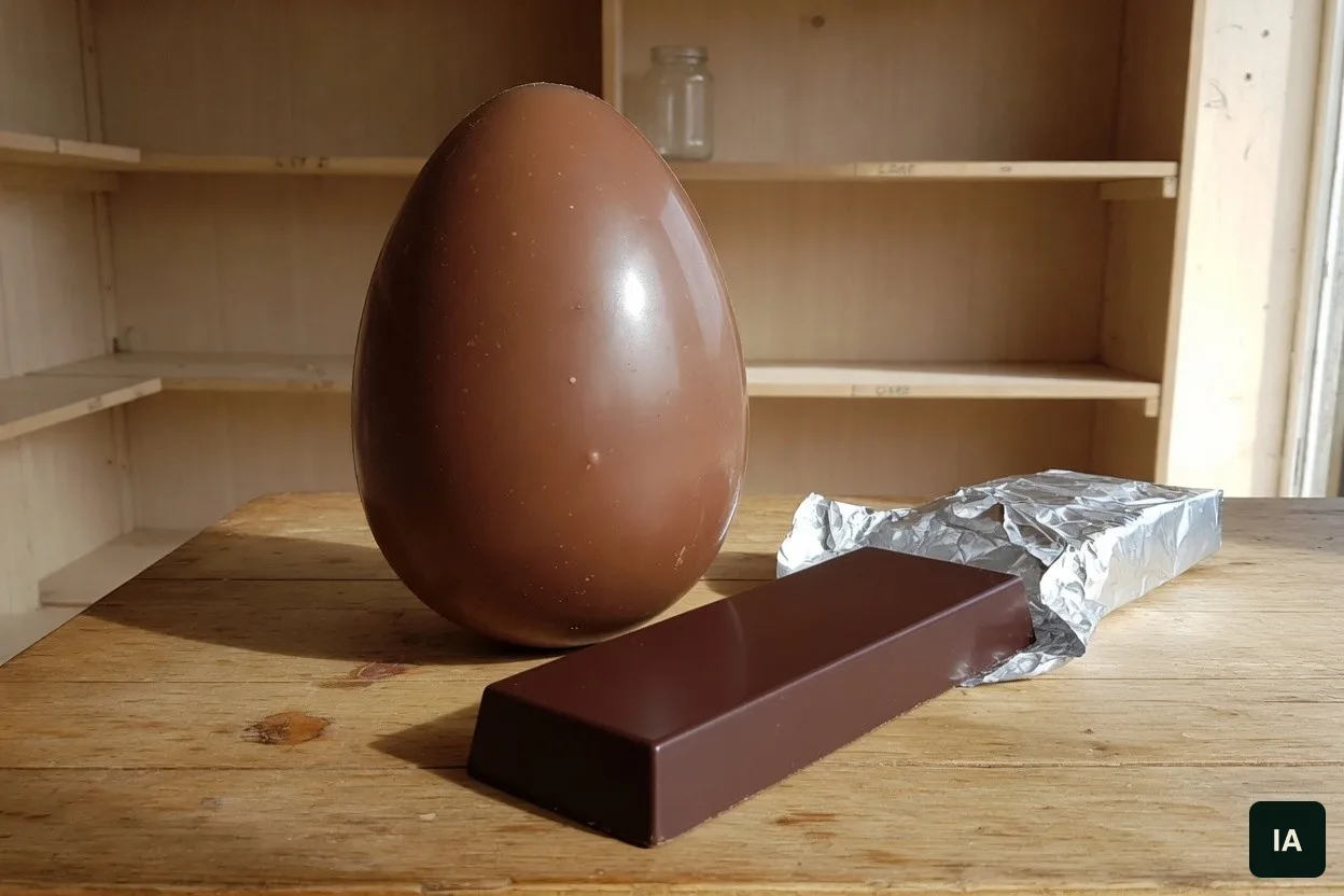 Ovo grande de chocolate liso e uma barra escura sem marca, sobre uma mesa de madeira.