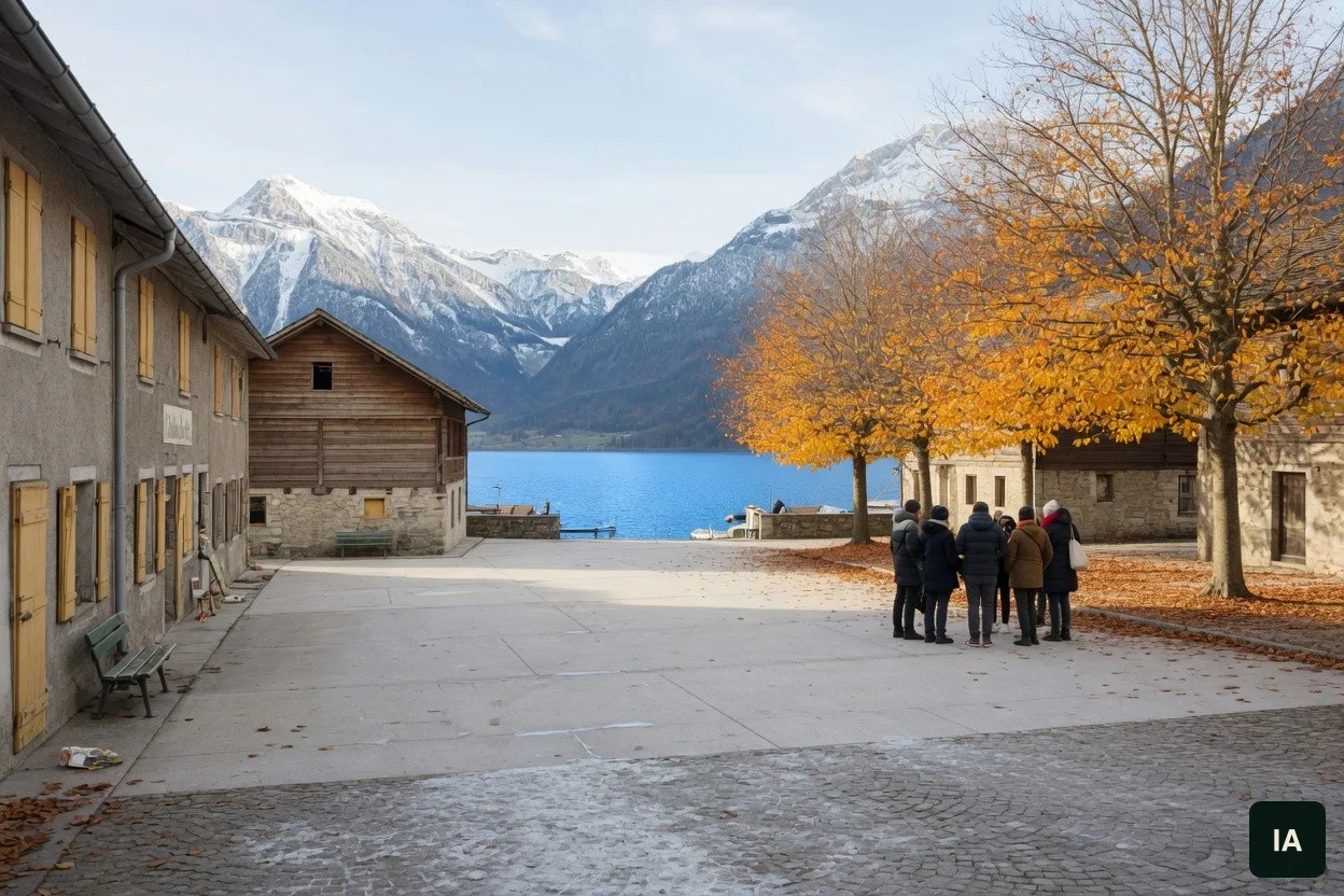 Praça clara no outono, com lago e montanhas nevadas, e um grupo de costas.