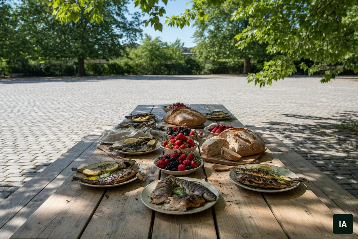 Mesa comprida ao sol com pratos de peixe grelhado, tigelas de frutas vermelhas e pães, numa praça vazia.