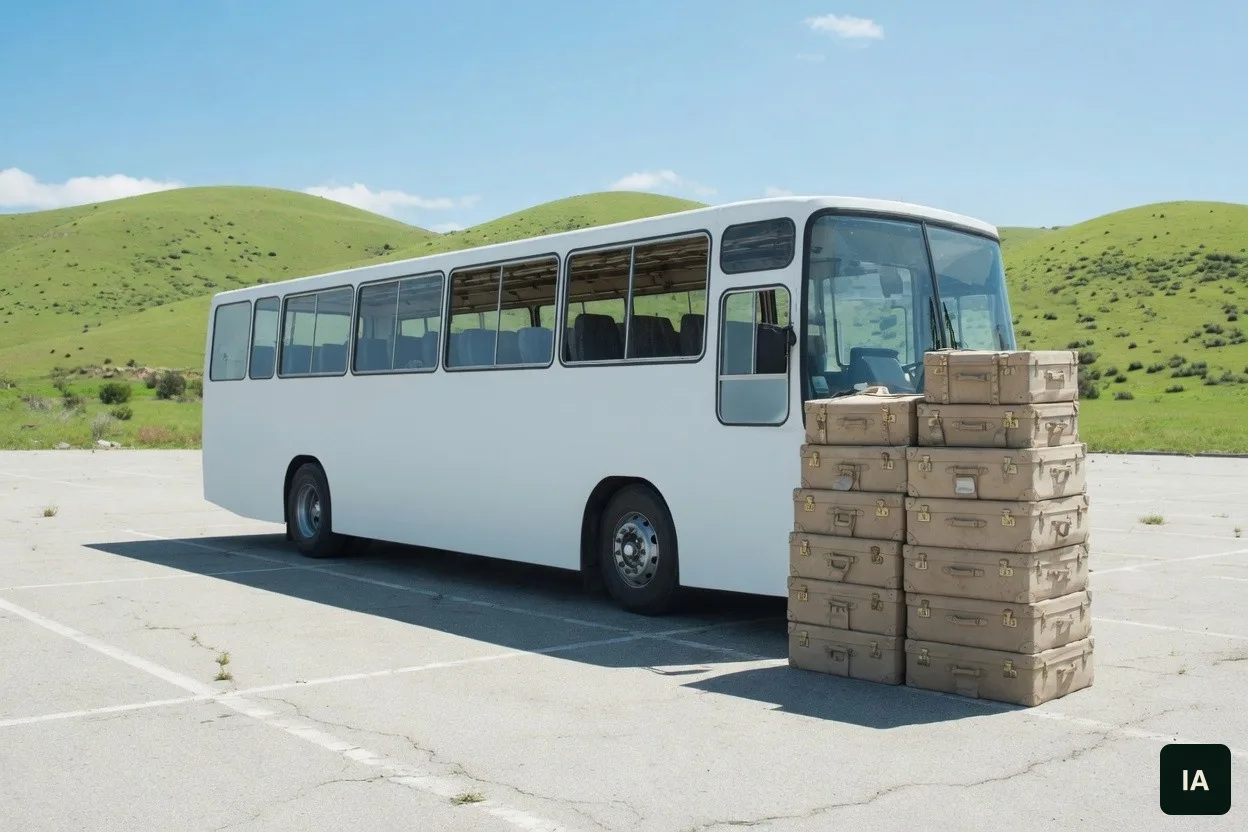 Ônibus branco e uma pilha de malas de lona num estacionamento vazio, com morros verdes atrás.
