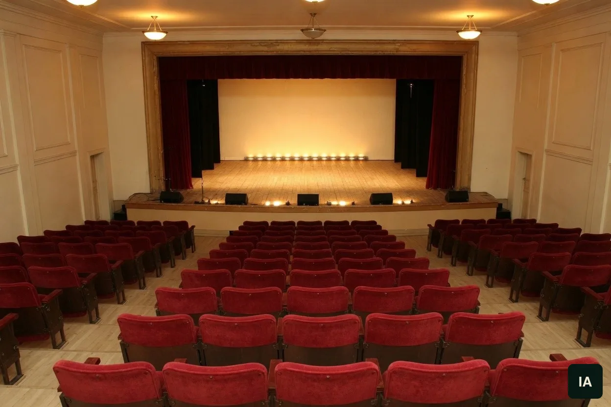 Fileiras de cadeiras vermelhas diante de um palco de madeira vazio, com cortina vermelha.
