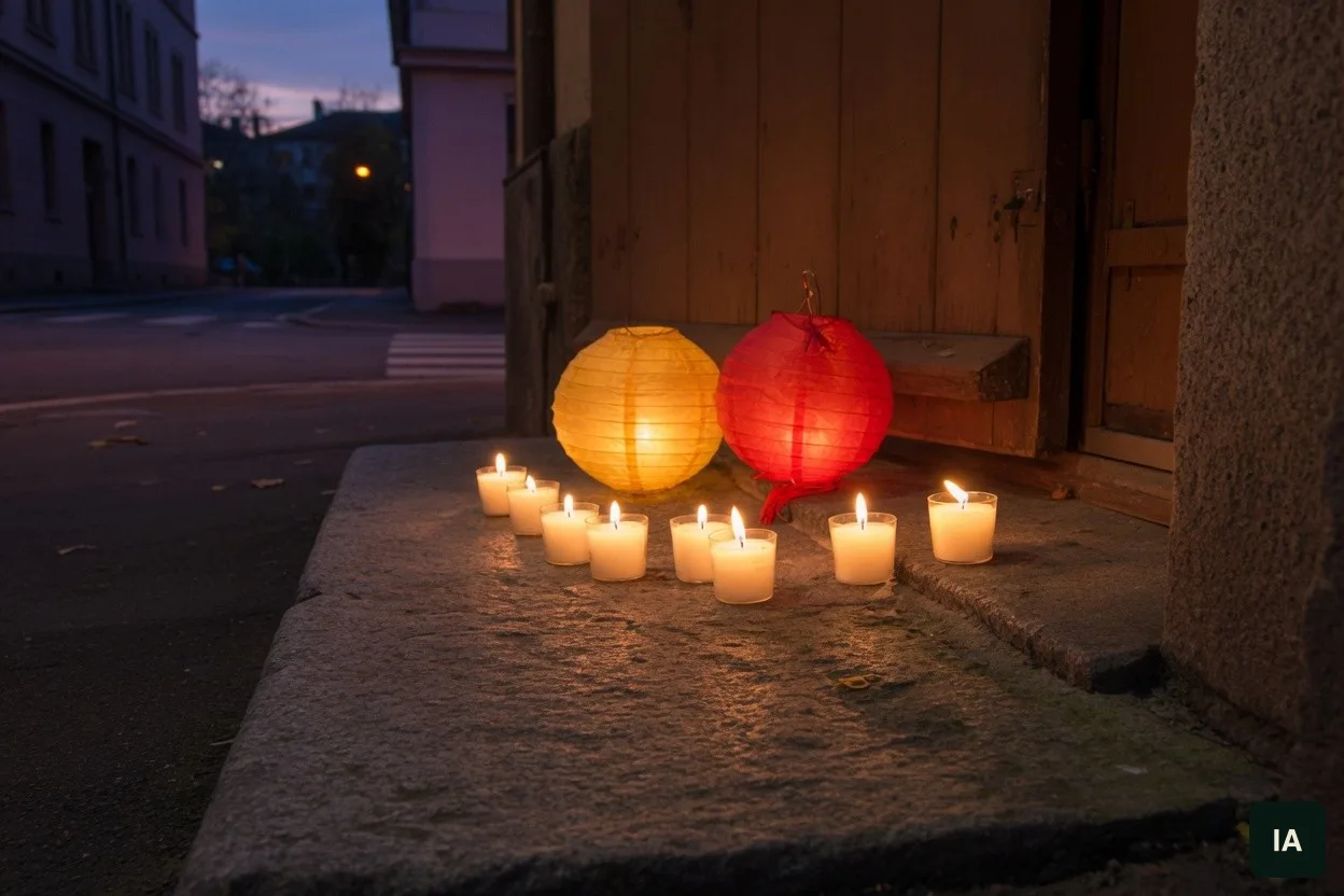 Velas acesas, uma lanterna amarela e uma lanterna vermelha no degrau de pedra, diante de uma porta de madeira lisa.