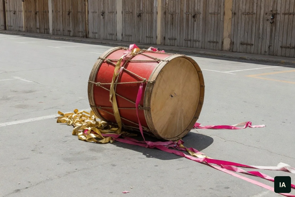 Tambor vermelho deitado no asfalto, com fitas douradas e rosa, diante de portas de madeira fechadas.