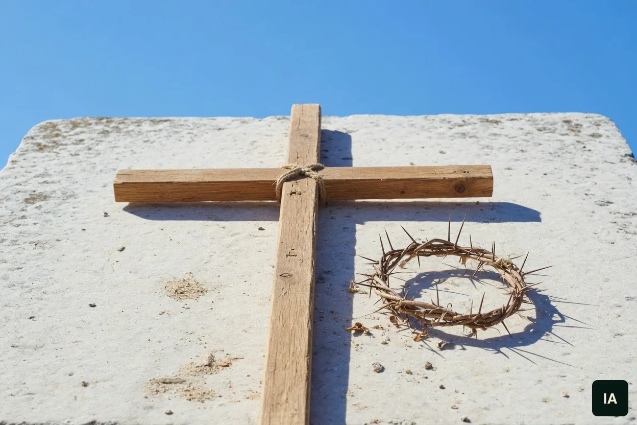 Cruz de madeira e uma coroa de espinhos sobre uma laje clara, com o céu azul atrás.