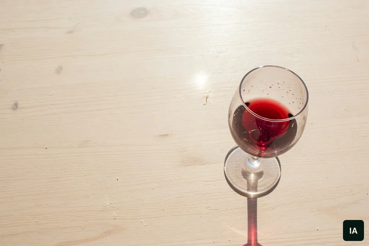 Copo de vinho tinto sobre uma mesa de madeira clara, ao sol.