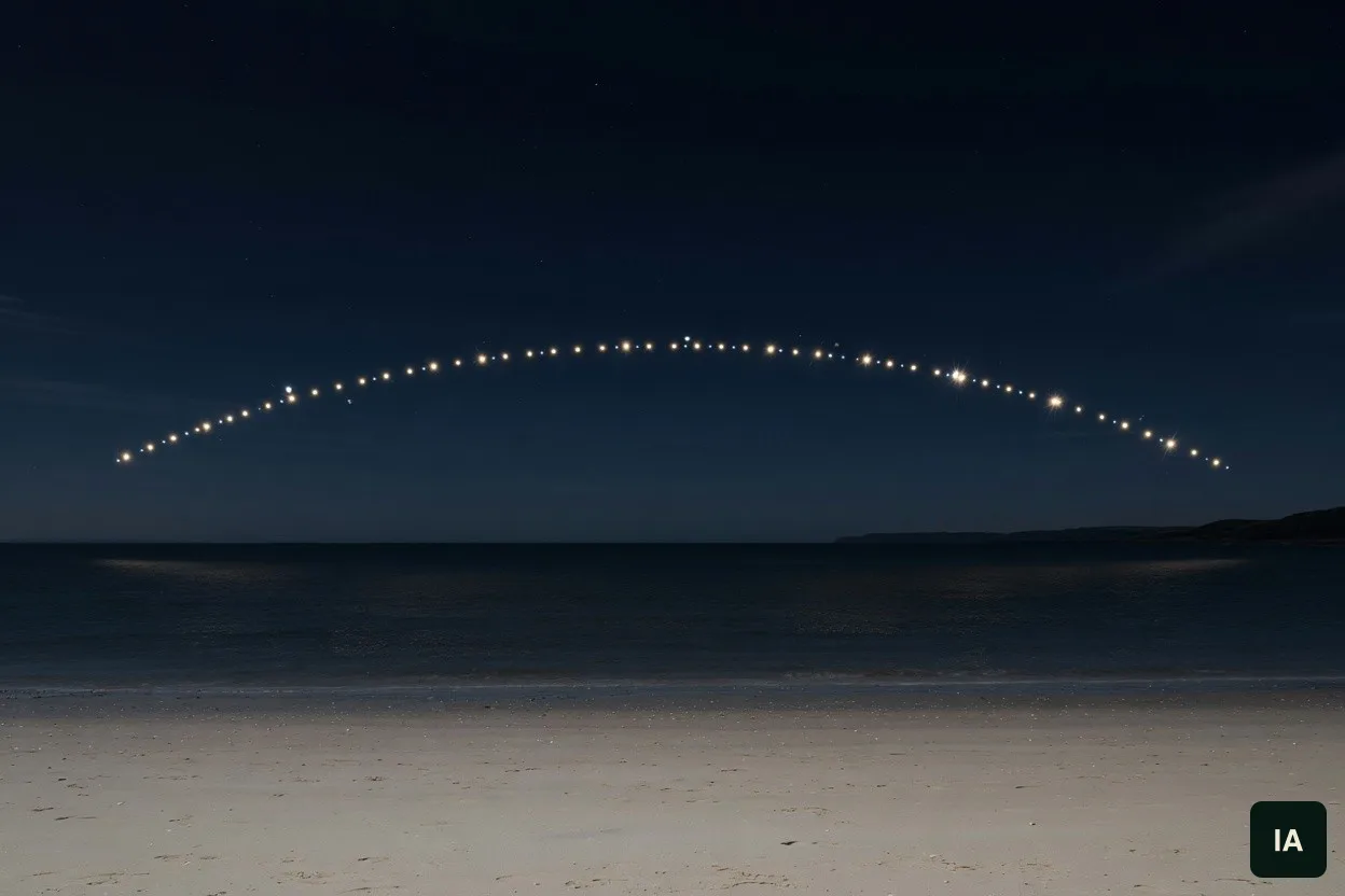 Arco de pontos de luz branca e dourada sobre a água escura, com a praia vazia em primeiro plano.