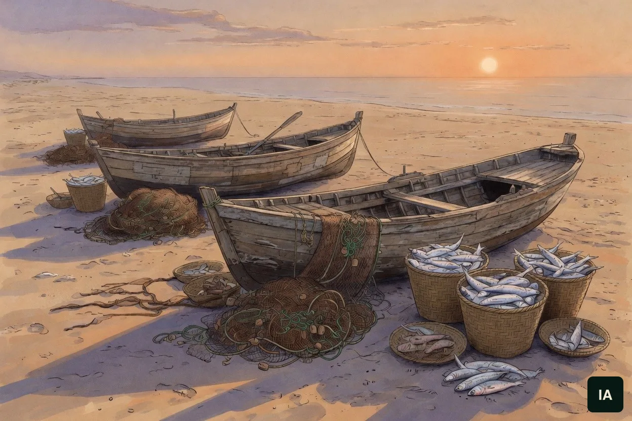 Três barcos de madeira na areia, com redes enroladas e cestos de peixe, ao pôr do sol.