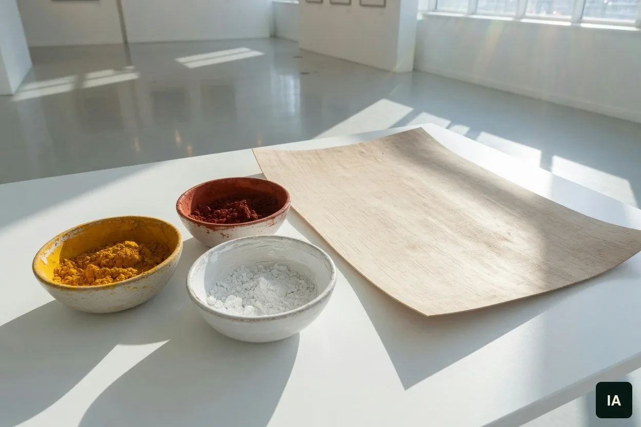 Trois bols de pigment jaune, rouge et blanc à côté d’une feuille d’écorce lisse, sur une table blanche.