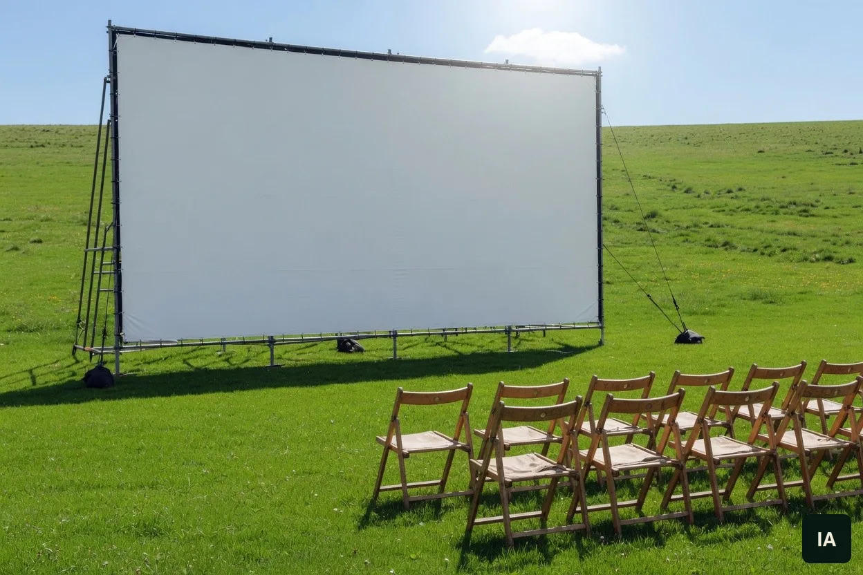 Écran blanc en plein air et chaises en bois vides sur une pelouse ensoleillée.