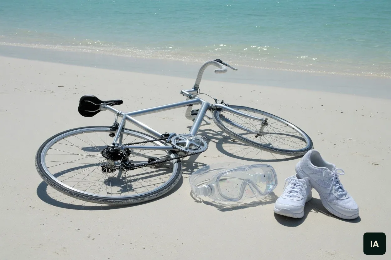Vélo argenté, lunettes de natation et une paire de chaussures blanches sur le sable, avec la mer derrière.