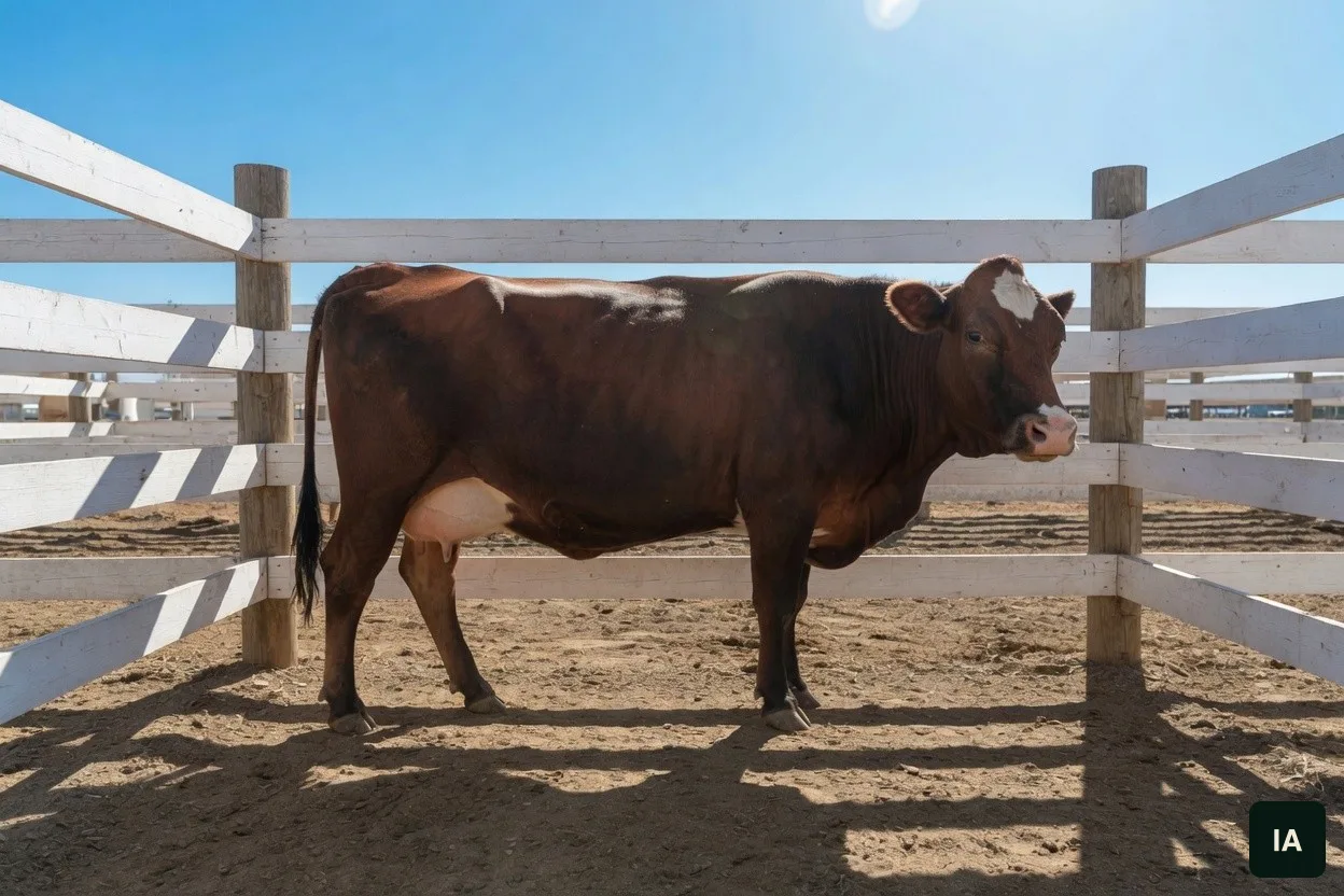Vache brune dans un enclos en bois peint en blanc, au soleil sous un ciel bleu.