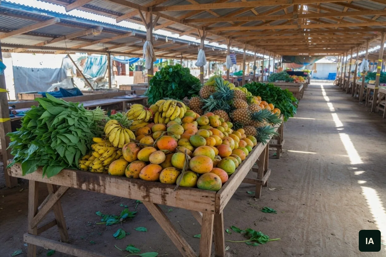 Mangues, bananes, ananas et feuilles vertes sur un étal en bois, dans un hangar ouvert et ensoleillé.
