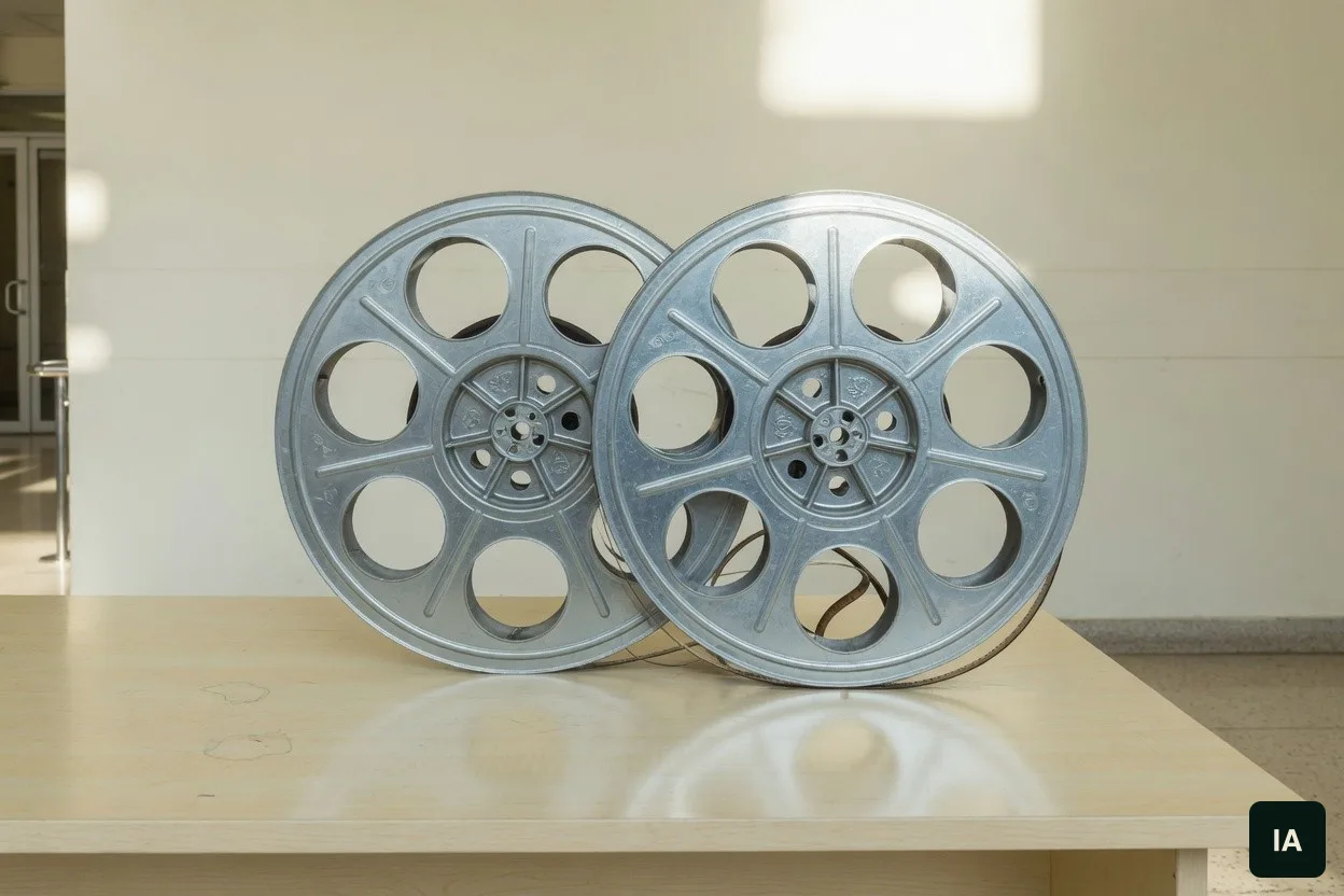 Dois rolos de metal sobre uma mesa clara, numa sala iluminada.