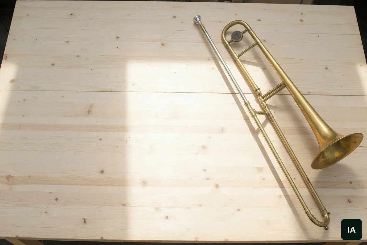 Trombone de latão sobre uma mesa de madeira clara, ao sol.