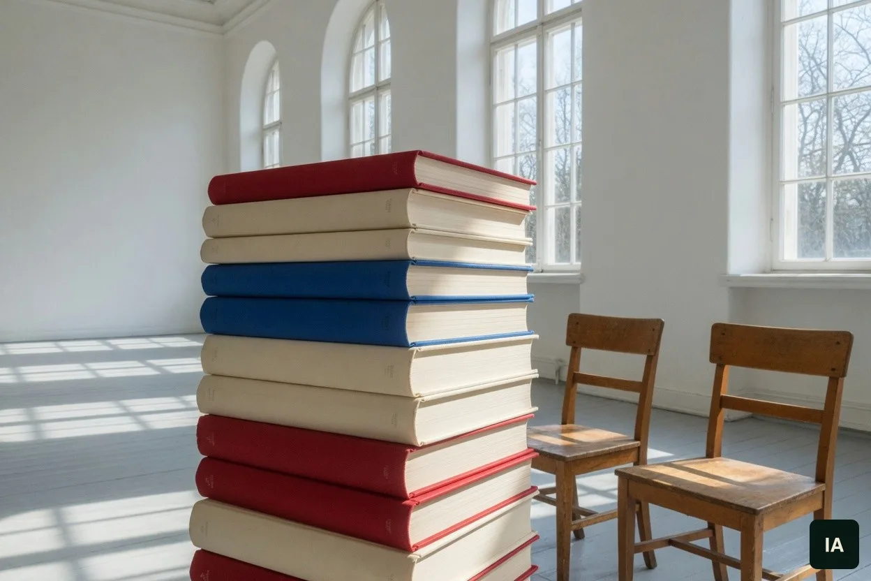 Pilha de livros de capa lisa vermelha, azul e creme, com duas cadeiras de madeira vazias numa sala clara.