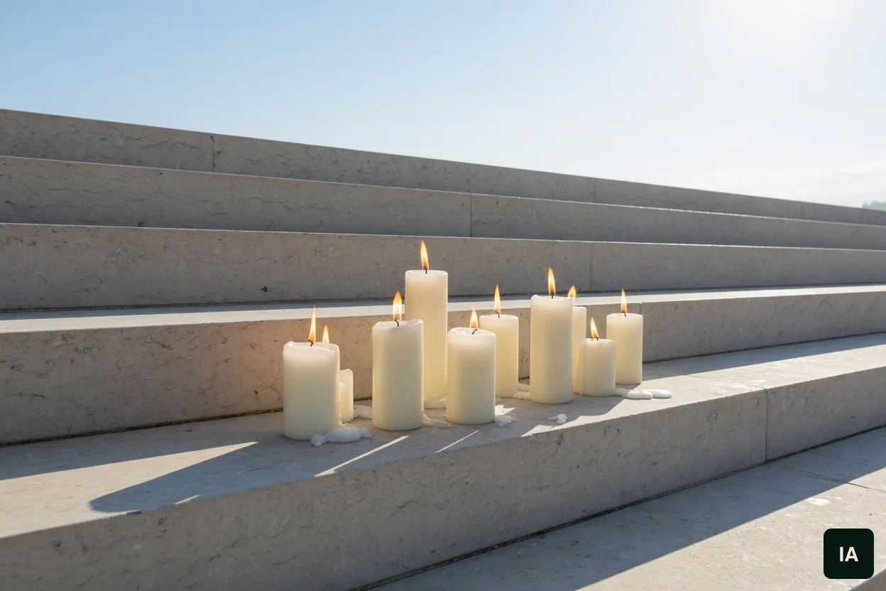 Velas brancas acesas numa fileira de degraus de pedra, com o céu claro atrás.