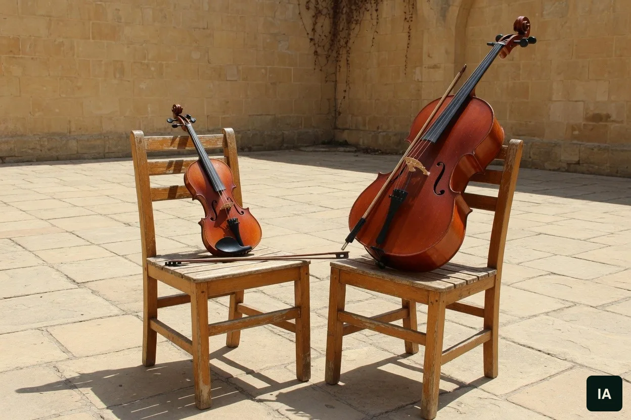 Violino e violoncelo apoiados em duas cadeiras de madeira, num pátio de pedra.