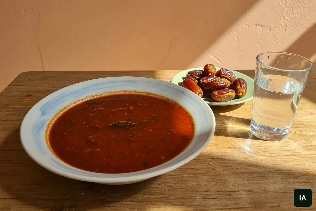 Tigela de sopa vermelha, um prato de tâmaras e um copo de água numa mesa de madeira, com sol na parede.
