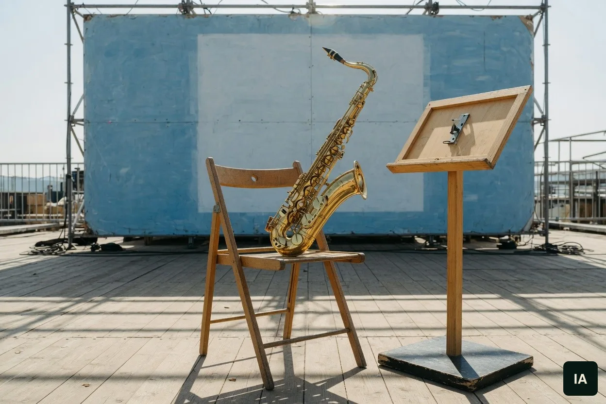 Saxofone de metal sobre uma cadeira de madeira, num palco vazio, ao lado de uma estante sem papel.