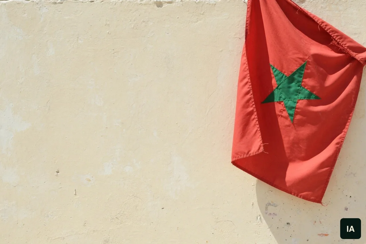 Bandeira vermelha com uma estrela verde de cinco pontas sobre uma parede clara, ao sol.