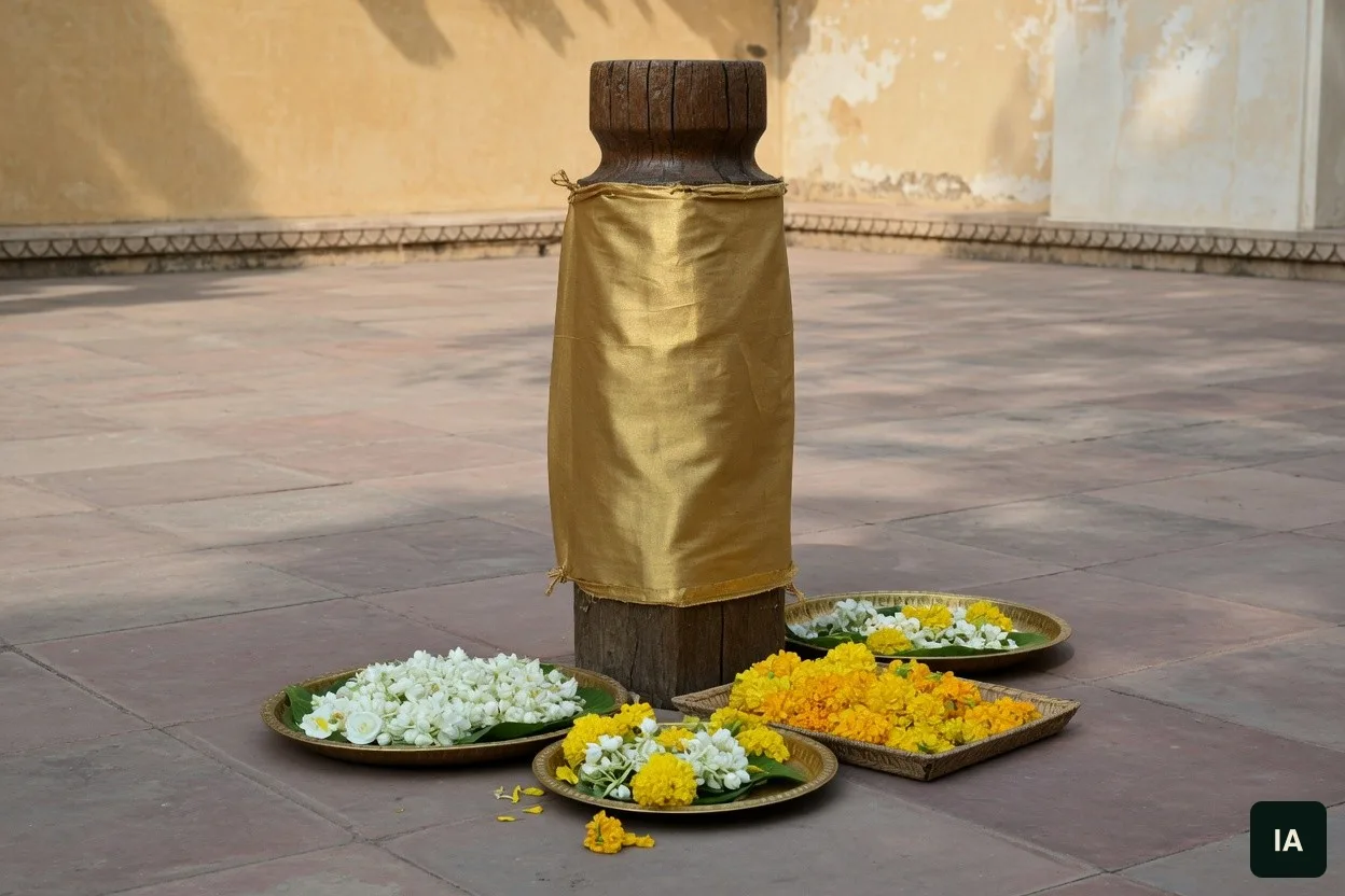 Pilar de madeira envolto em pano dourado, com bandejas de flores brancas e amarelas no pátio vazio.