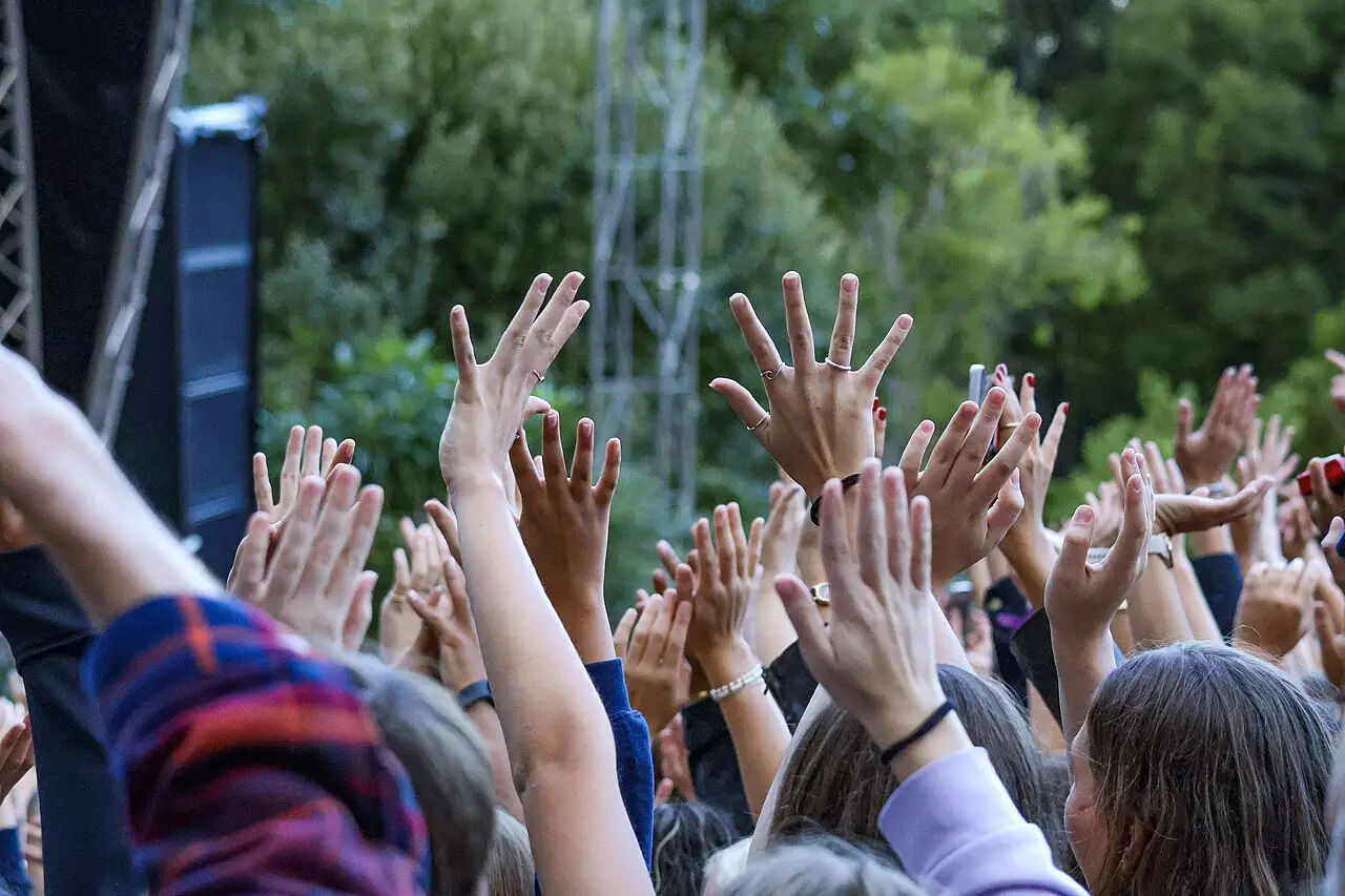 Braços erguidos de pessoas do público diante de árvores em um concerto no jardim botânico de Kirstenbosch.