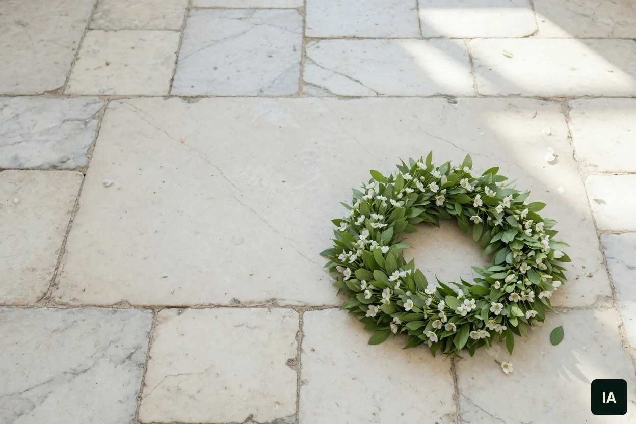 Coroa de folhas e flores brancas sobre um piso de pedra clara, ao sol.