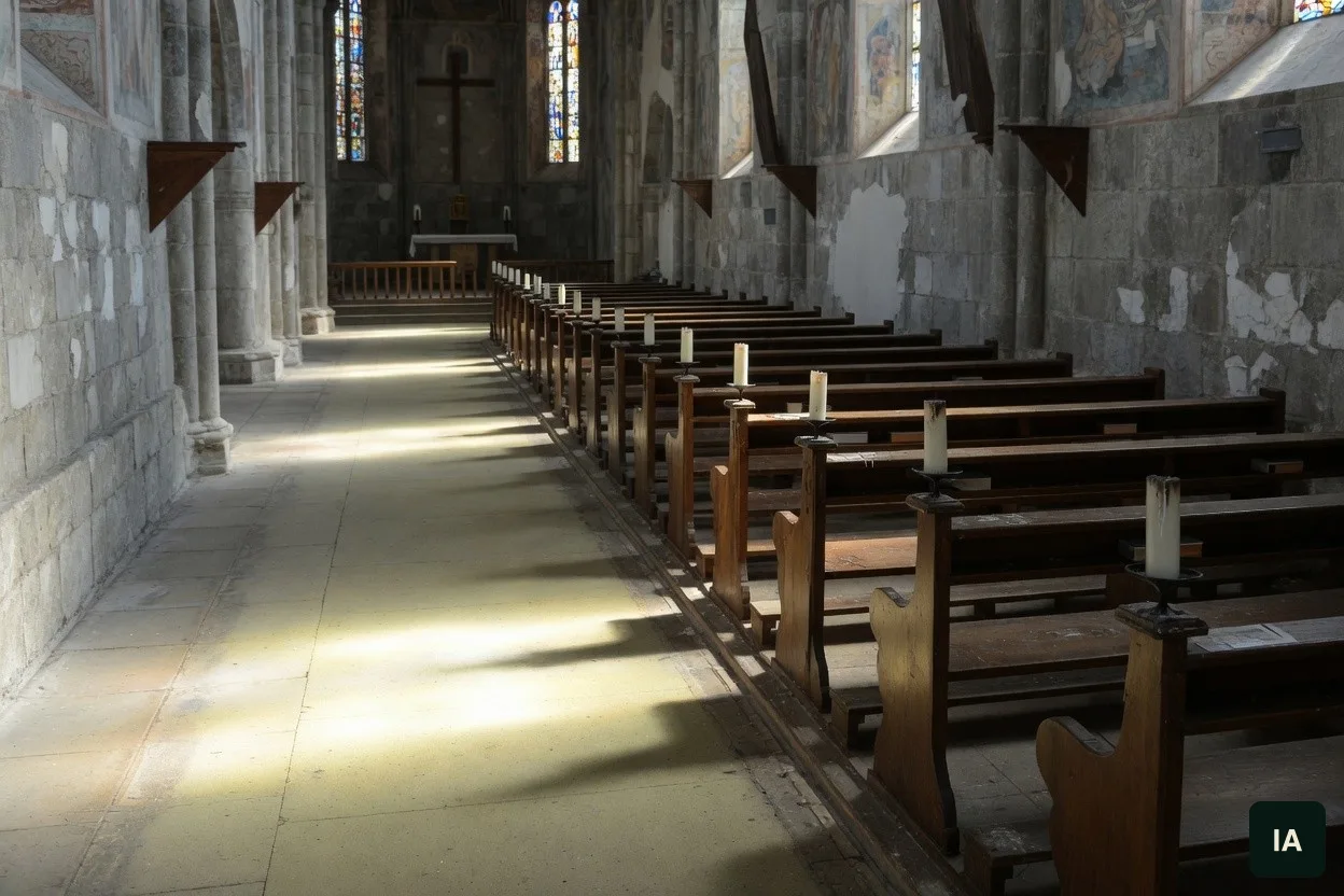 Nave de pedra vazia, com velas brancas nos bancos, de manhã.