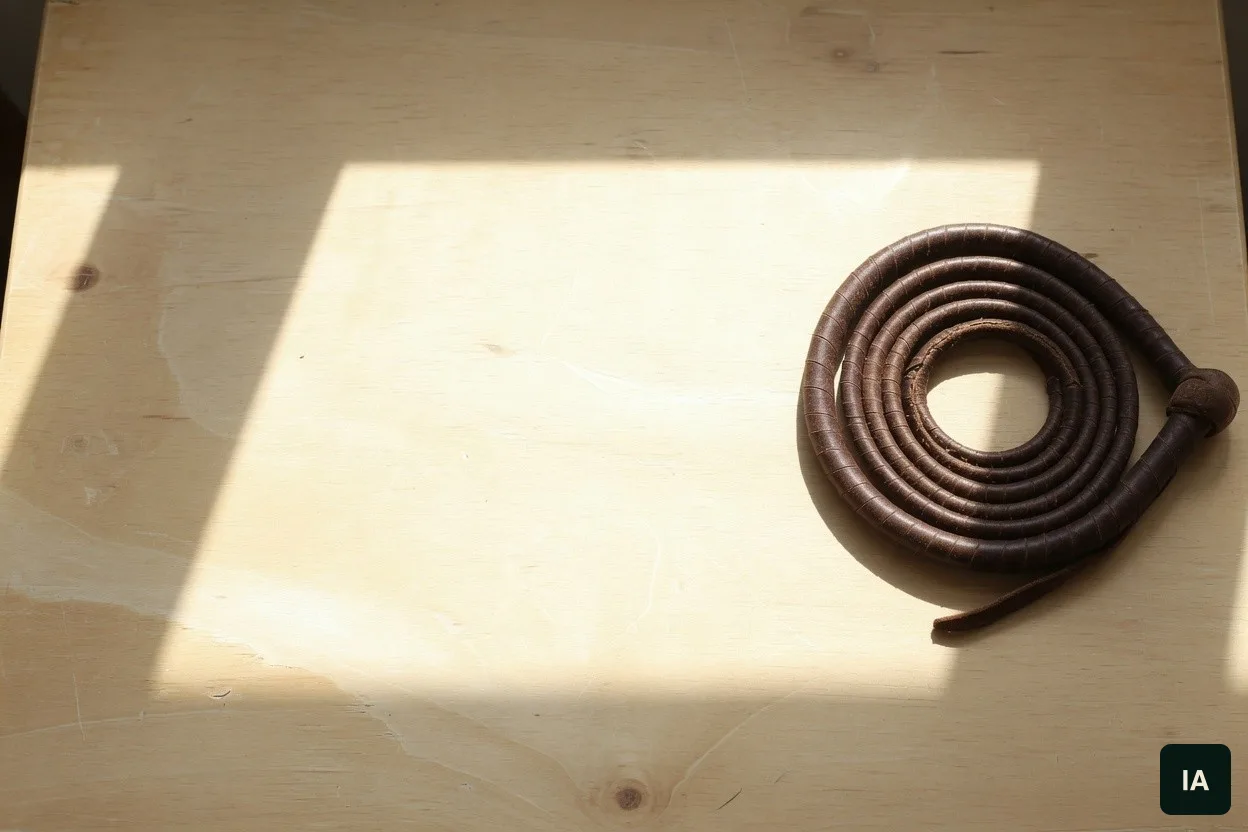 Fouet de cuir enroulé sur une table en bois clair, au soleil.